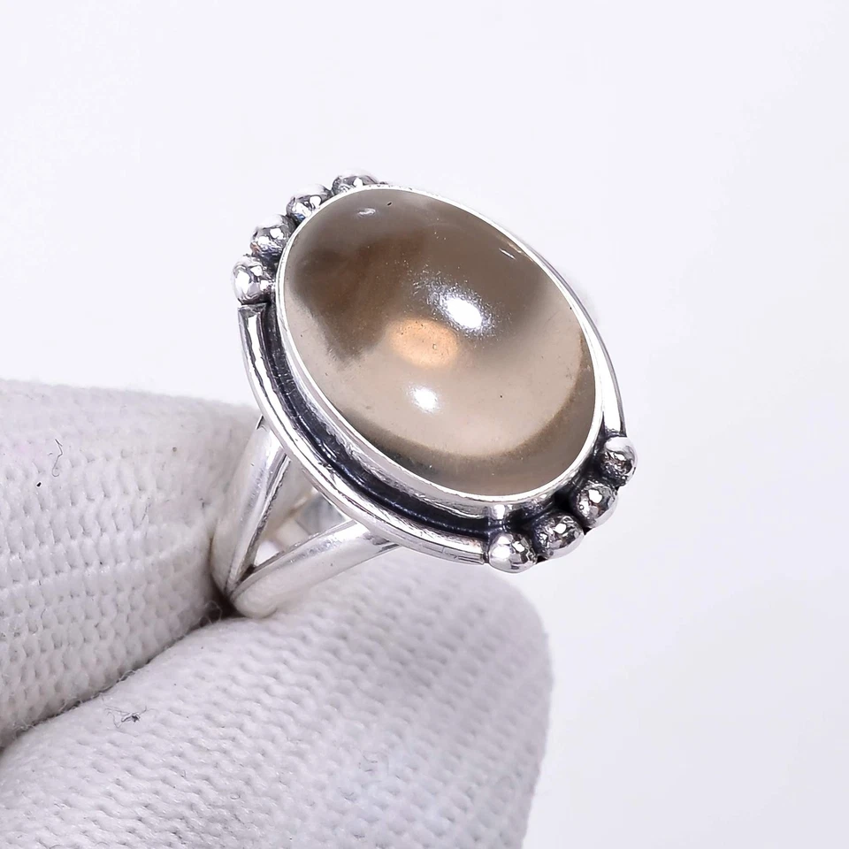 Hermoso y atractivo anillo de plata de ley 925 maciza con piedras preciosas de cuarzo ahumado V2541 Foto 2 de 4