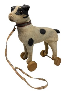 Antique Steiff 9.5  Dog On Wheels Felt Over Carved Wood Glass Eyes Early 1900 s