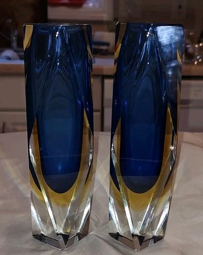 Murano  Flavio Poli Alessandro Mandruzzato Sommerso Glass Vases Blue Gold Italy