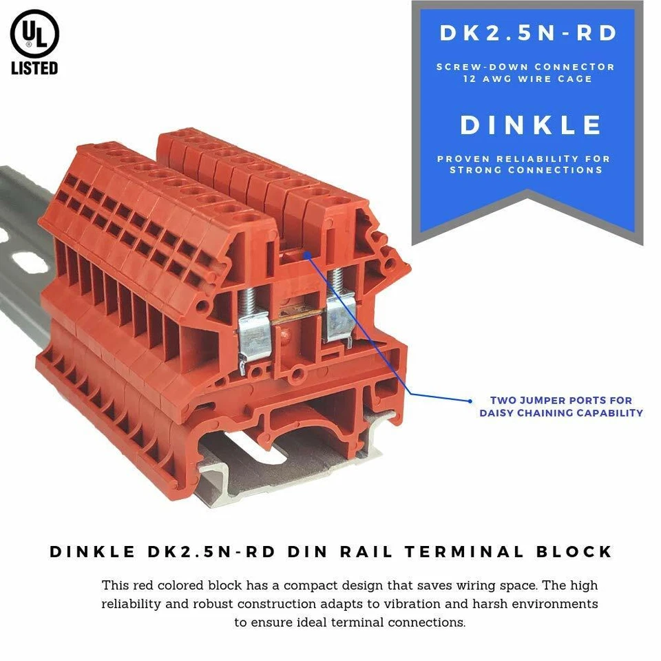 DIN Rail Terminal Block Kit Dinkle 20 DK2.5N 12 AWG Gauge 20A 600V Ground Jumper - Image 4 of 4
