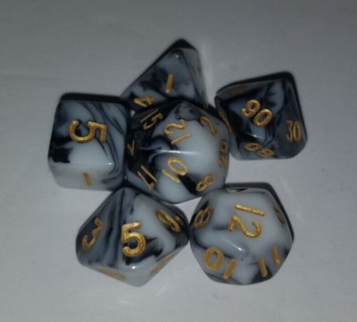 MDG Mini Polyhedral Dice Set Marble w/ Gold Numbers 41038 Missing (1) Die