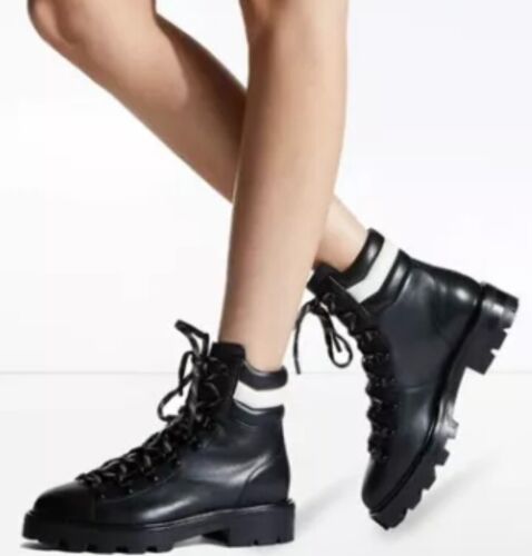 $950 Jimmy Choo Eshe Flat Combat Hiking Boot Black Size 37.5/7