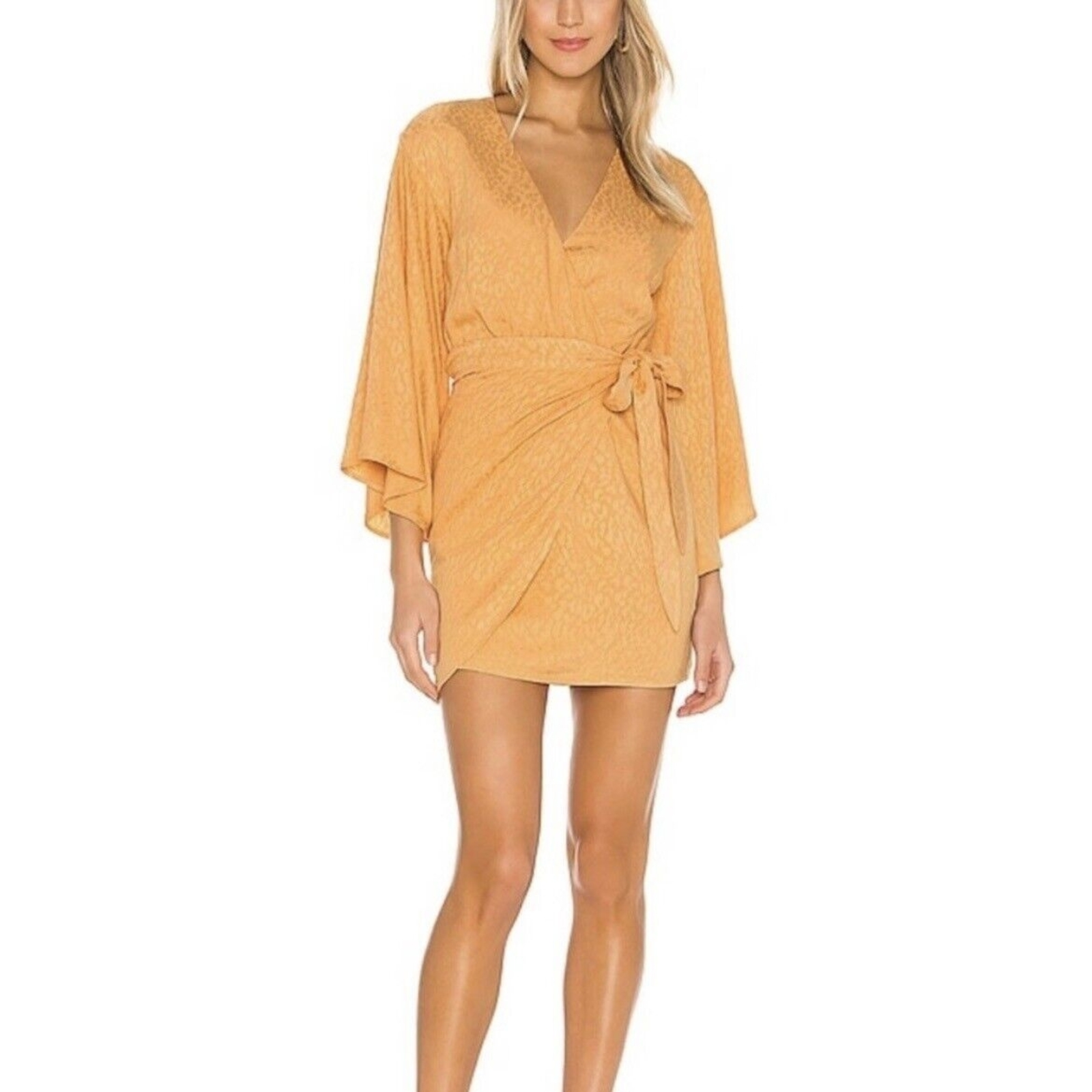 Kalina Kimono Style Orange Jacquard Faux Wrap Mini Dress by Lovers and Friends