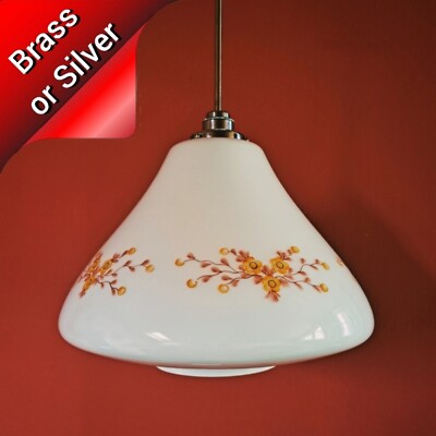Beautiful vintage opaline glass floral pendant light w/ brass or chrome fittings