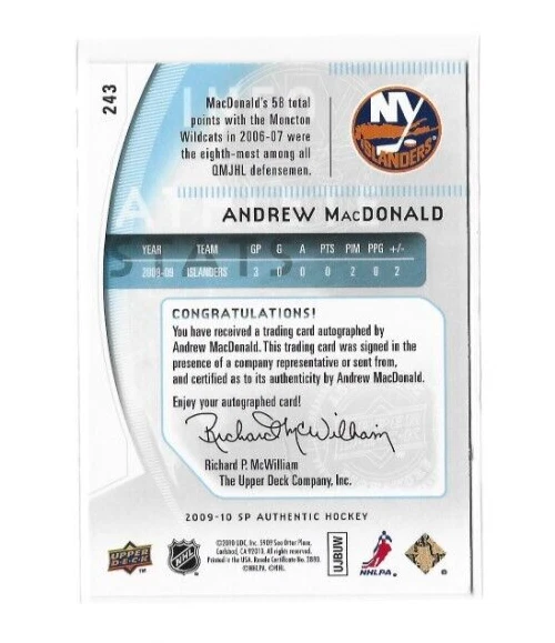 2009-10 SP Authentic #243 Andrew MacDonald Auto RC 729/999 NMMT - Image 2 of 2