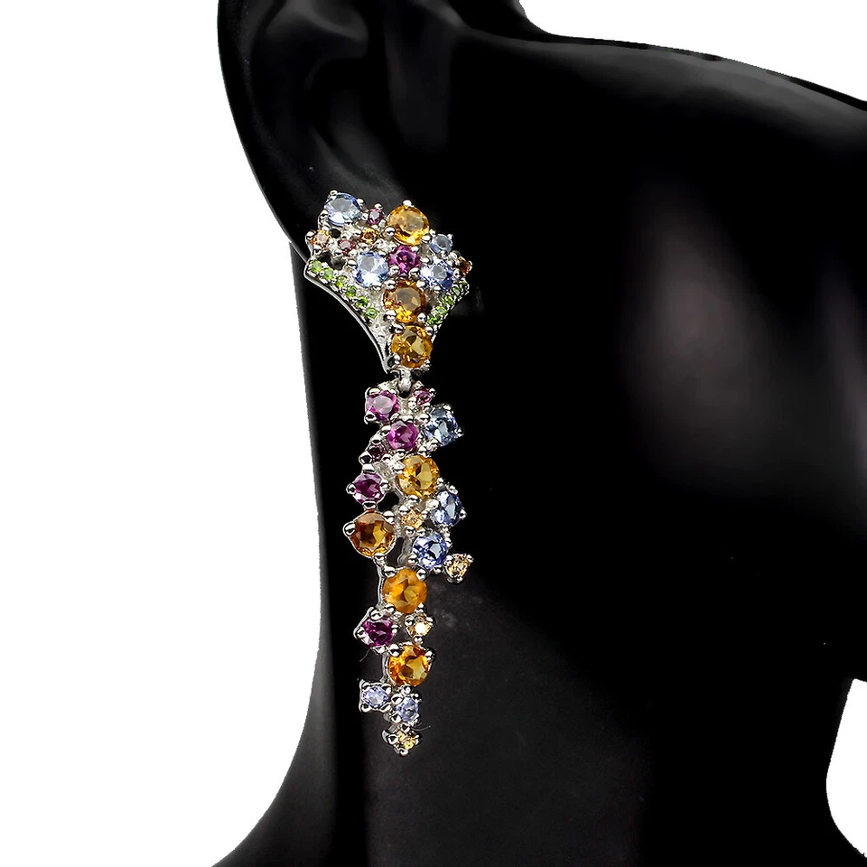 Summer 925 Silver Earrings Round Sapphire Citrine Rhodolite Gemstone Jewelry - Image 2 of 4