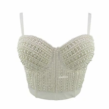 Corset Bustier Crop Top Padded Push Up Bralette Bra Rhinestone Beaded Pearl Tank