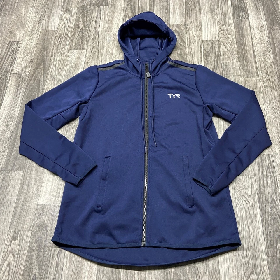 TYR Full Zip Up Stretch Blue Hooded Sweatshirt Hoodie Men's Size Medium - Image 2 of 4