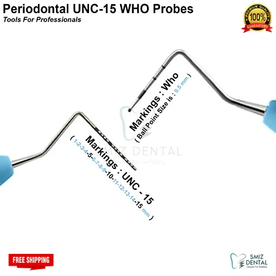 SMIZ DENTAL® Dental Periodontal Probes UNC-15, WHO Ball Ended BPE Probe Markings Color Coated