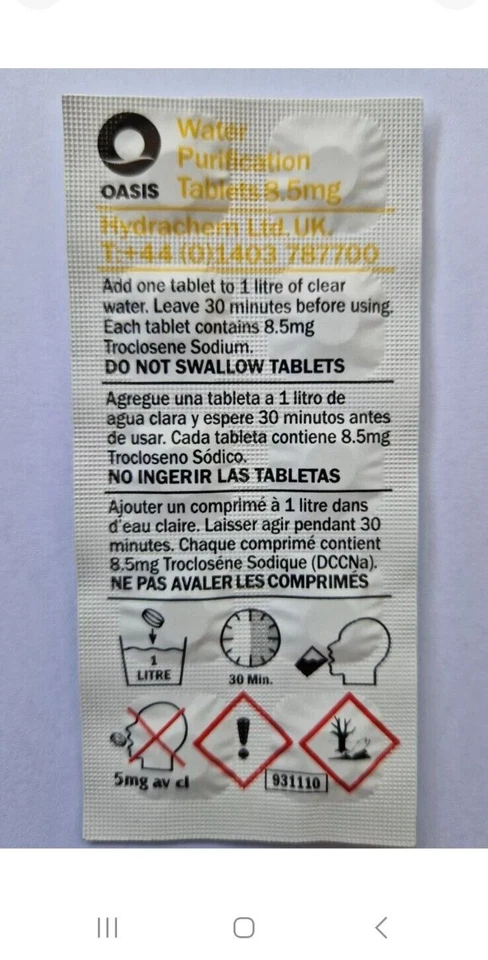 100 OASIS WATER PURIFICATION TREATMENT TABLETS PURIFYING SURVIVAL 1 tablet =1L