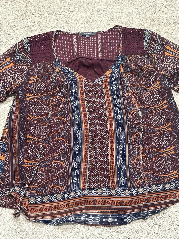 Женская рубашка Miss Me размер средний многоцветный кружевной акцент галстук спереди струящийся комфорт - Изображение 3 из 4