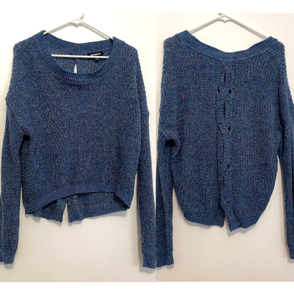 EXPRESS Cable Knit Split Back Pullover Sweater Bl… - image 1