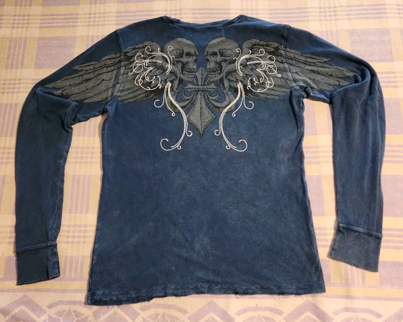 Rare Affliction Mens Thermal Cross Skull Wings Long Sleeve Shirt XL Y2k Usa