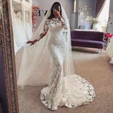 High Neck Long Sleeves Lace Appliques Floral Print Corset Mermaid Wedding Dress