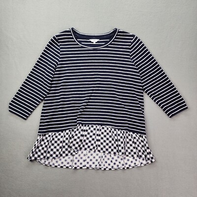 Crown & Ivy Blouse Top Women's Medium Blue Striped 3/4 Sleeve Plaid Pleated