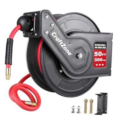 Retractable Air Hose Reel | Rewind 50 ft x 3/8 in Hybrid Air Hose Max 50ft