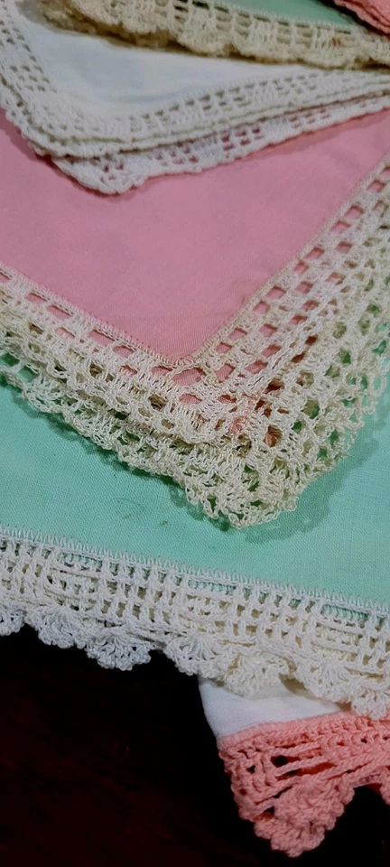6 Vintage Hand Crochet Edge Handkerchiefs Hand Made Pink Green - Image 4 of 4