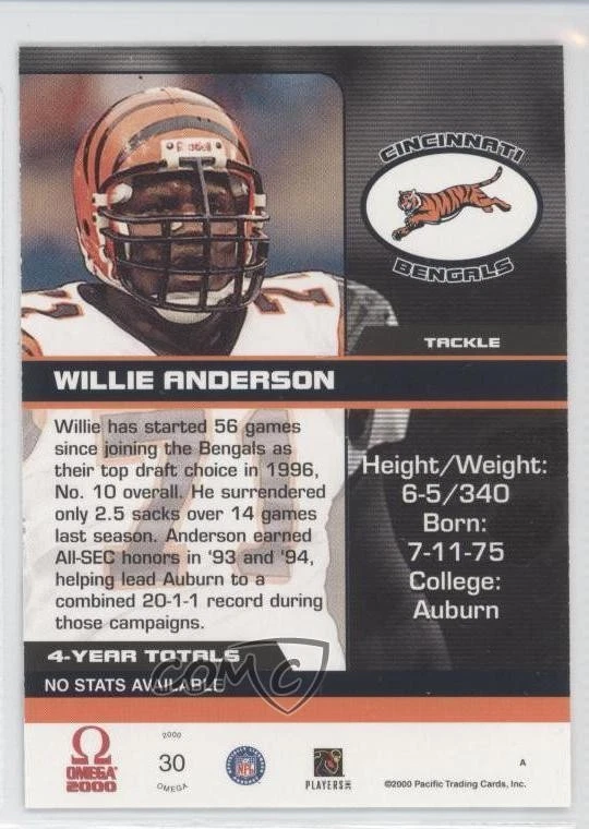 2000 Pacific Omega Platinum Blue Missing Serial Number Willie Anderson #30 - Image 2 of 2