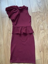 Missi London Ladies Size 8 Burgundy Body-con Dress Frill Shoulder