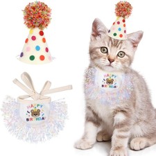 Cat Birthday Hat and Bandana Scarf, Outfit small medium, White