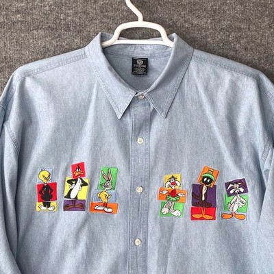 Vintage Warner Bros Studio Store Looney Tunes Embroidered Chambray Shirt XXL