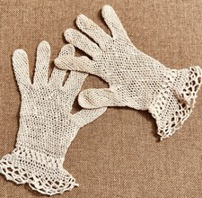 Antique Edwardian Child Crochet Gloves Cream Flared Cuff Gauntlet Cuff/Cream