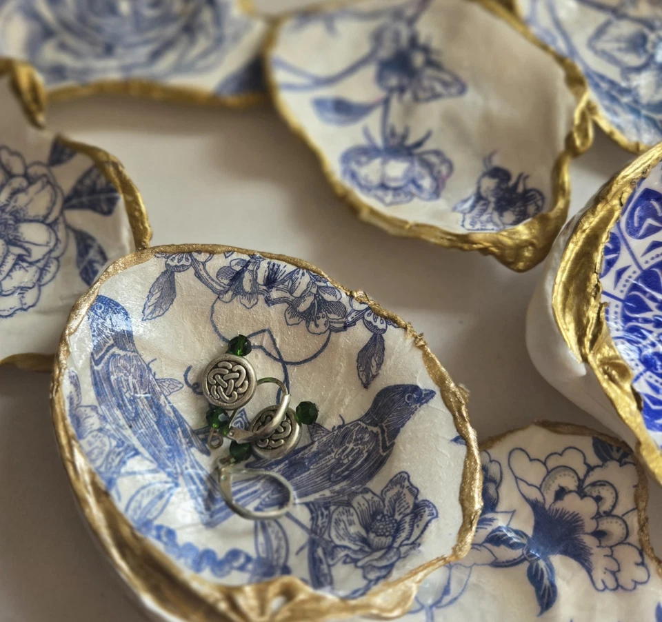 Handcrafted  Decoupaged  Blue/White Floral Oyster Shell W/ Gold Accents Set 10 - Image 3 of 4