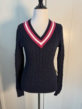 Ralph Lauren womens navy white pink v-neck sweater jumper XS cable knit cricket