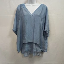 Gigi Moda Silk Blouse Top Womens L* Blue Quiet Luxury Minimalist Made in Italy
