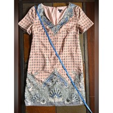 Anne Taylor pink blue paisley knee v neck xs zip dress pink liner preppy Lagon