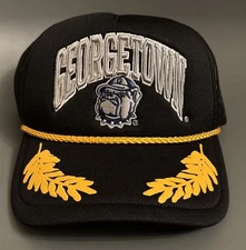 Georgetown Hoyas Snapback Hat Black Gold Leaf Mesh Trucker Mitchel & Ness NCAA