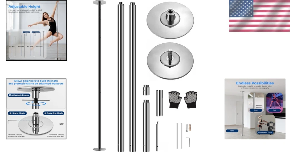 Poste de baile giratorio profesional - 45 mm portátil y ajustable, capacidad de 1102 libras Foto 2 de 4