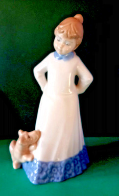 MÄDCHEN UND WELPE NEU FIGUR ORNAMENT PORZELLAN HANDGEFERTIGT von D'ART SA 1980er SPANIEN