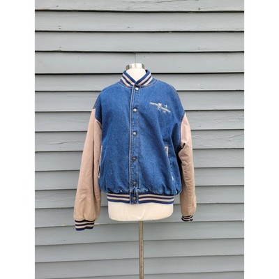 Vintage 90s Tri-Mountain Varsity Jacket Blue Denim Tan Marten Transport Large