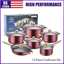12 Piece Cookware Set Nonstick Pots and Pans Home Kitchen Cooking Non Stick, Red