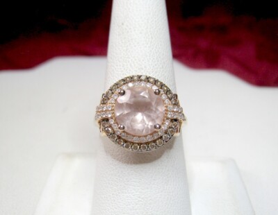 14K ROSE GOLD LE VIAN ROUND PEACH MORGANITE & DIAMOND DOUBLE HALO RING SIZE 8