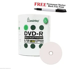 100 Smartbuy DVD-R 16X 4.7GB White Inkjet Printable Disc+ Black Permanent Marker
