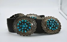 Navajo Natural Turquoise Hand-Stamped Sterling Silver Concho Belt w/8 Conchos
