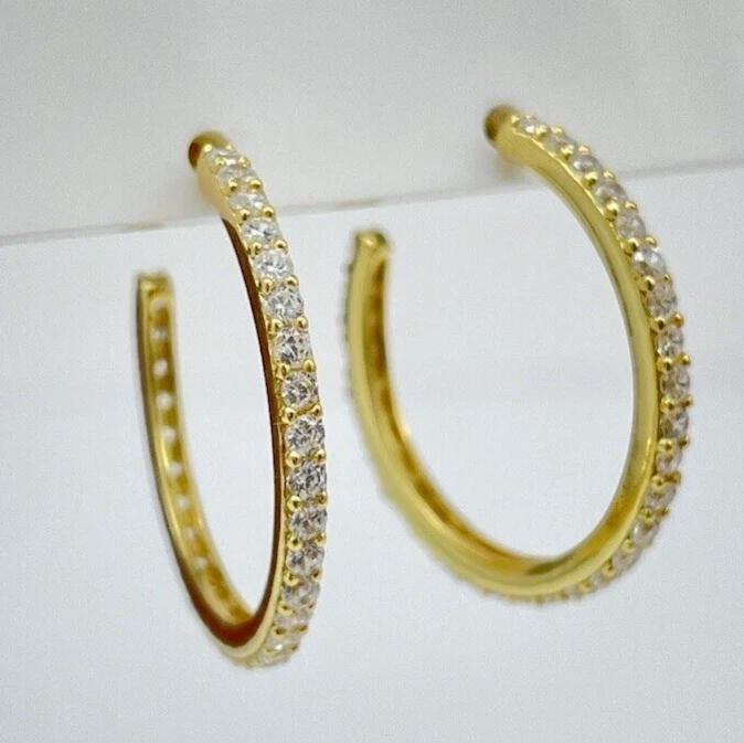 ORECCHINI CERCHIO SEMIAPERTI IN ARGENTO 925 DORATI BRILLANTATI DA DONNA ELEGANTI - Immagine 3 di 4