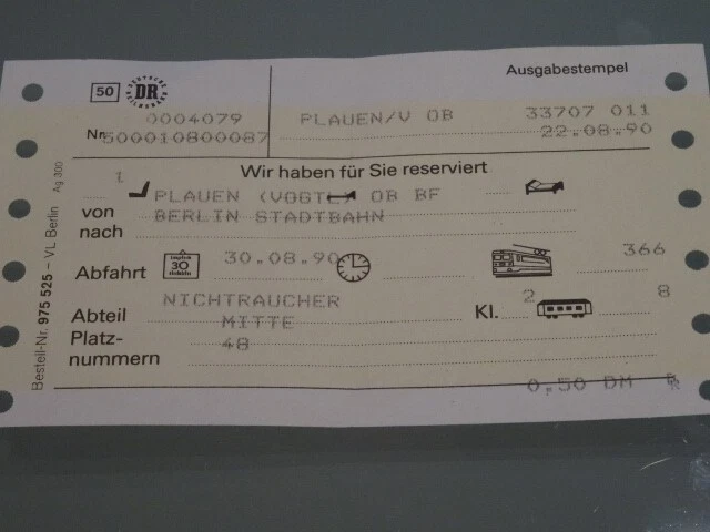 Original historische Sitzplatzkarte Deutsche Reichsbahn DDR
