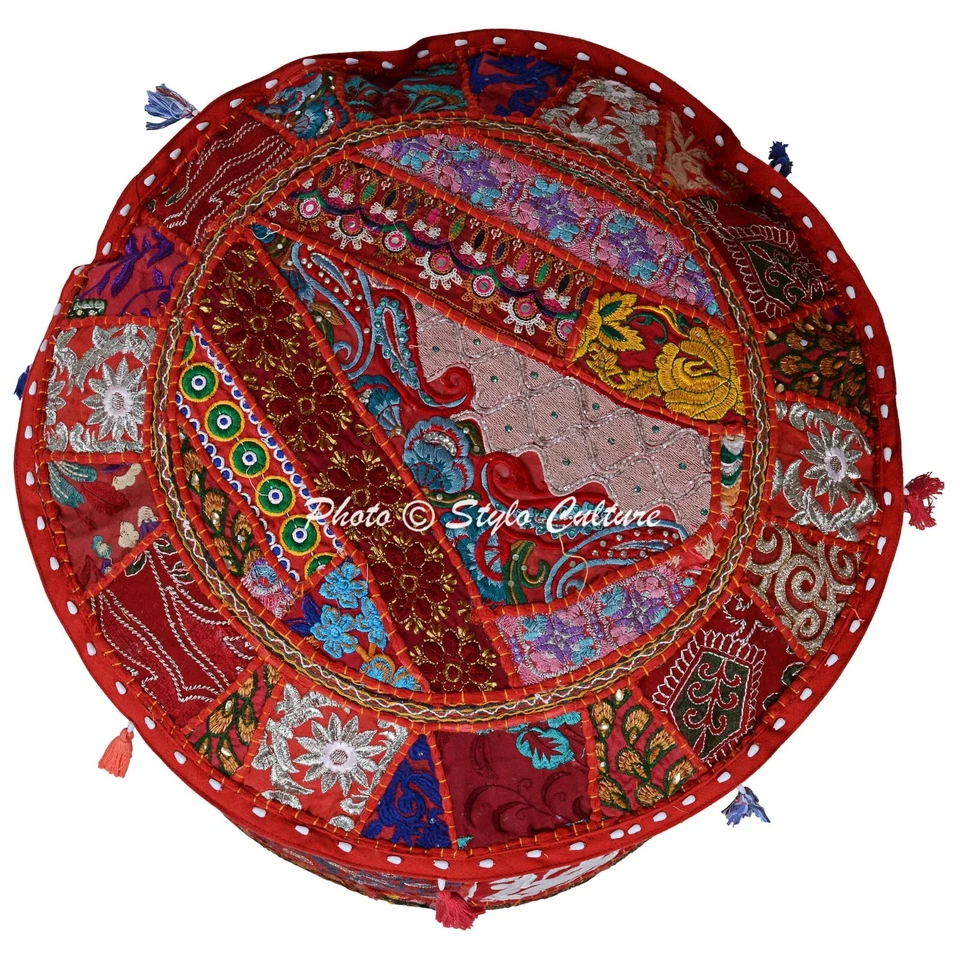 Boho 18 in Bohemian Patchwork Pouf Cover Ottoman Ethnic Decor Pouffe Foot Stool - Image 3 of 4