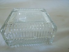 Vintage Clear Glass Trinket Box with Etched Lid and Ribbed Edges 4" Square