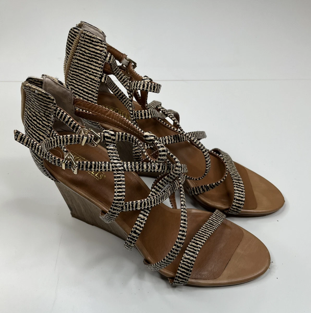 Seychelles Women s Striped Brown Beige Wedge Heel Back Zip Sandals 7.5M P5