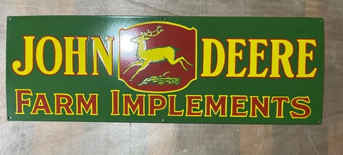 Vintage John Deere Farm Implements Porcelain Enamel Sign 36x12 Inches.