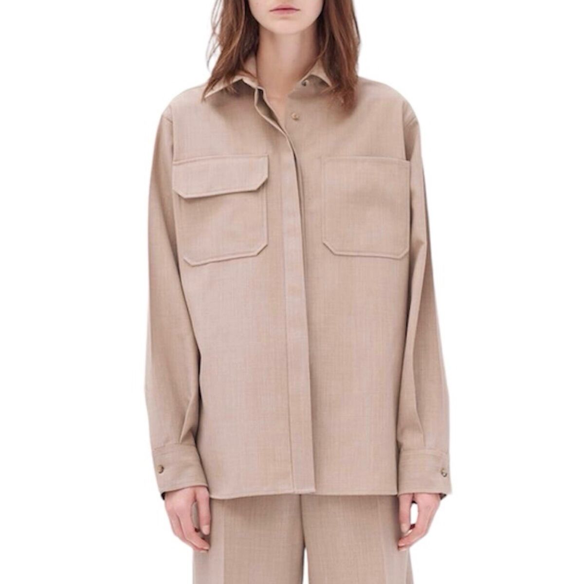 CELINE BEIGE MELANGE WOOL SHIRT WITH ASYMMETRICAL POCKETS CELINE BEIGE MELANGE WOOL SHIRT WITH ASYMMETRICAL POCKETS