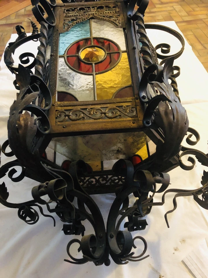 large neo gothic castle lantern Grande Lanterne Gothique 19e Vitrail NO DELIVERY - Photo 2/4