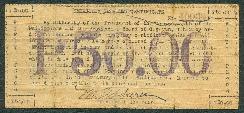 50 Pesos Philippine CAGAYAN w/ Revenue Stamp WW2 Guerrilla Emergency Banknote - Image 3 of 4