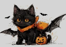ACEO Mini *Art Print* Black Cat Baby Kitten Halloween Bats & Pumpkin by Saulite