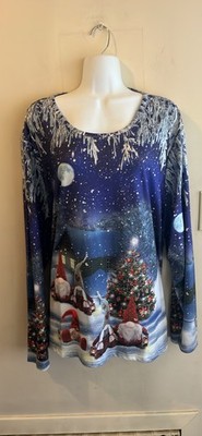 Christmas Holiday Top by Serengeti Plus Size 2X With Gnomes Christmas Tree Snow