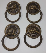 Vtg Lot 4 Brass Rosette Drop Ring Pull Handles w/Bail Wreath Dresser Drawer 2.3”